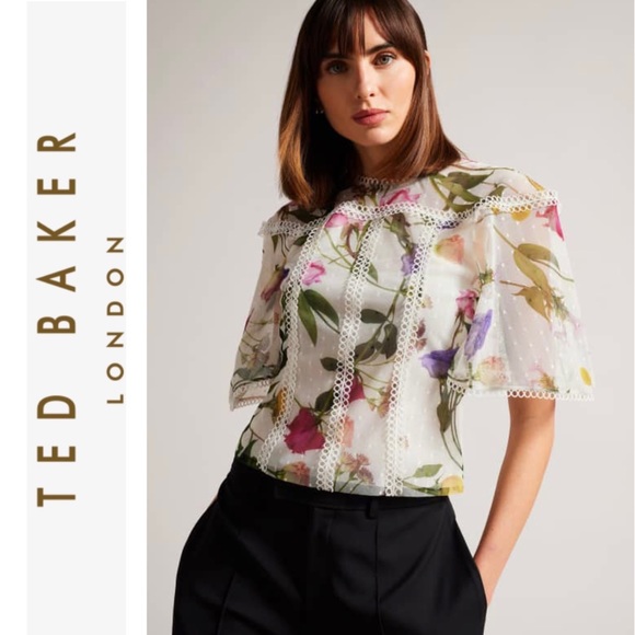 Ted Baker Tops - NWT💕TED BAKER Arelln Floral High Neck Top With Lace Details Size 0